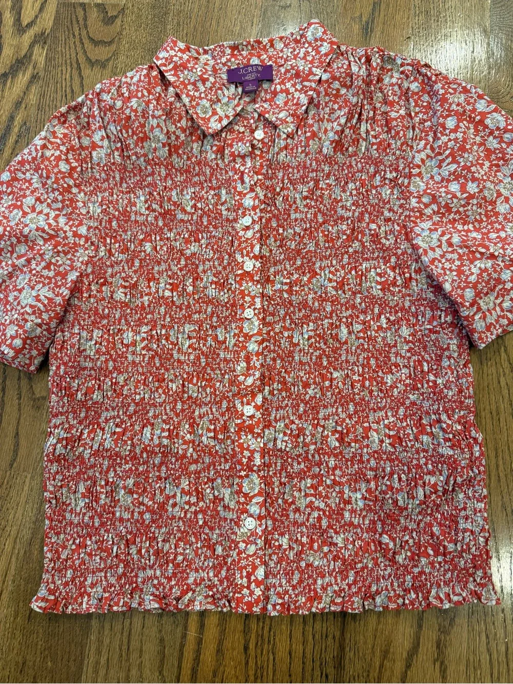 J. Crew Liberty fabric Smocked button-up short-sleeve shirt floral print size L
